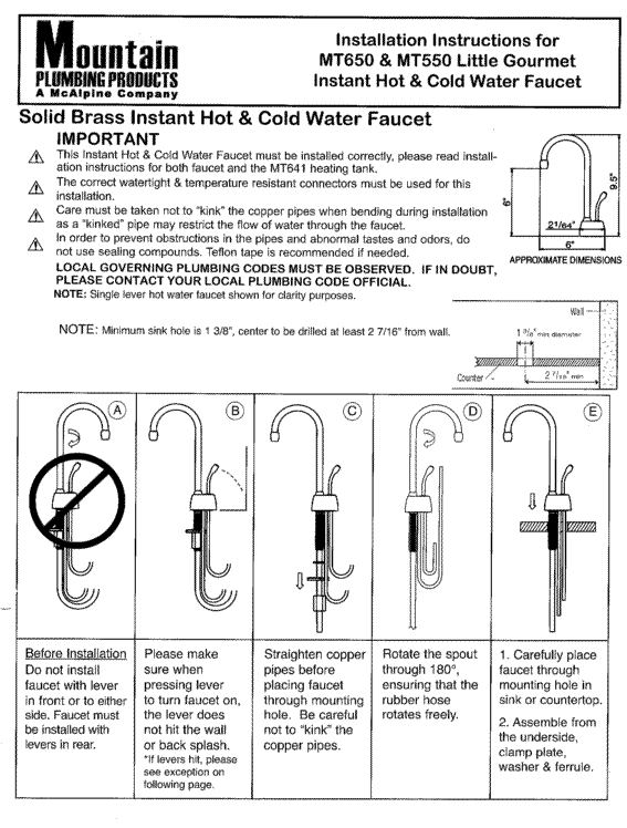 MT550/650 instant hot sink/granite hole size and position instructions